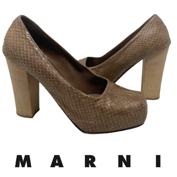 Marni Brown Snakeskin Pumps Sz EU 40 US 10 Platform Chunky Wood Heel Square Toe - Picture 1 of 13